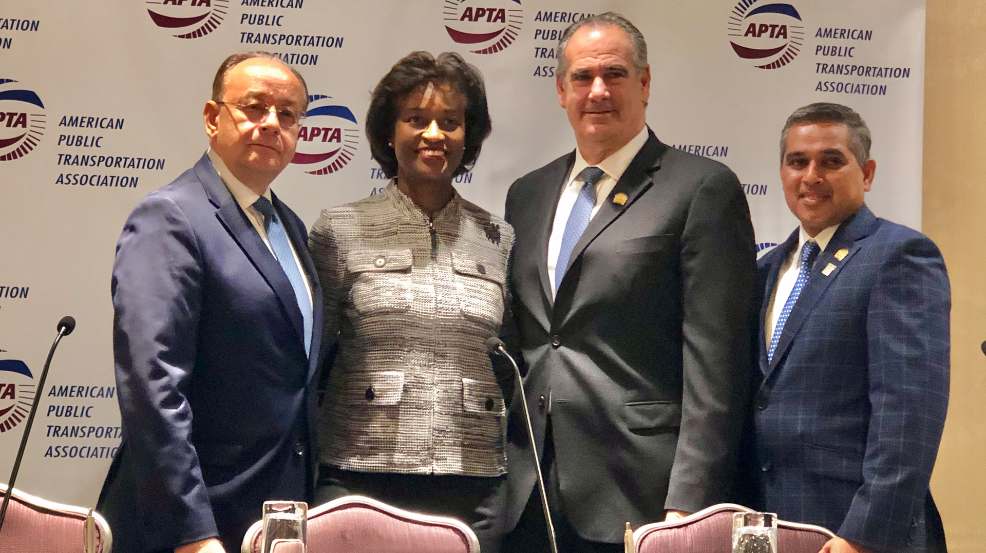 Left to right, APTA President and CEO Paul P. Skoutelas, APTA Chair and General Manager and CEO of the Santa Clara Valley Transportation Authority Nuria Fernandez, NAR 2019 First Vice President Charlie Oppler and New York State Association of Realtors 2019 President Moses Seuram.