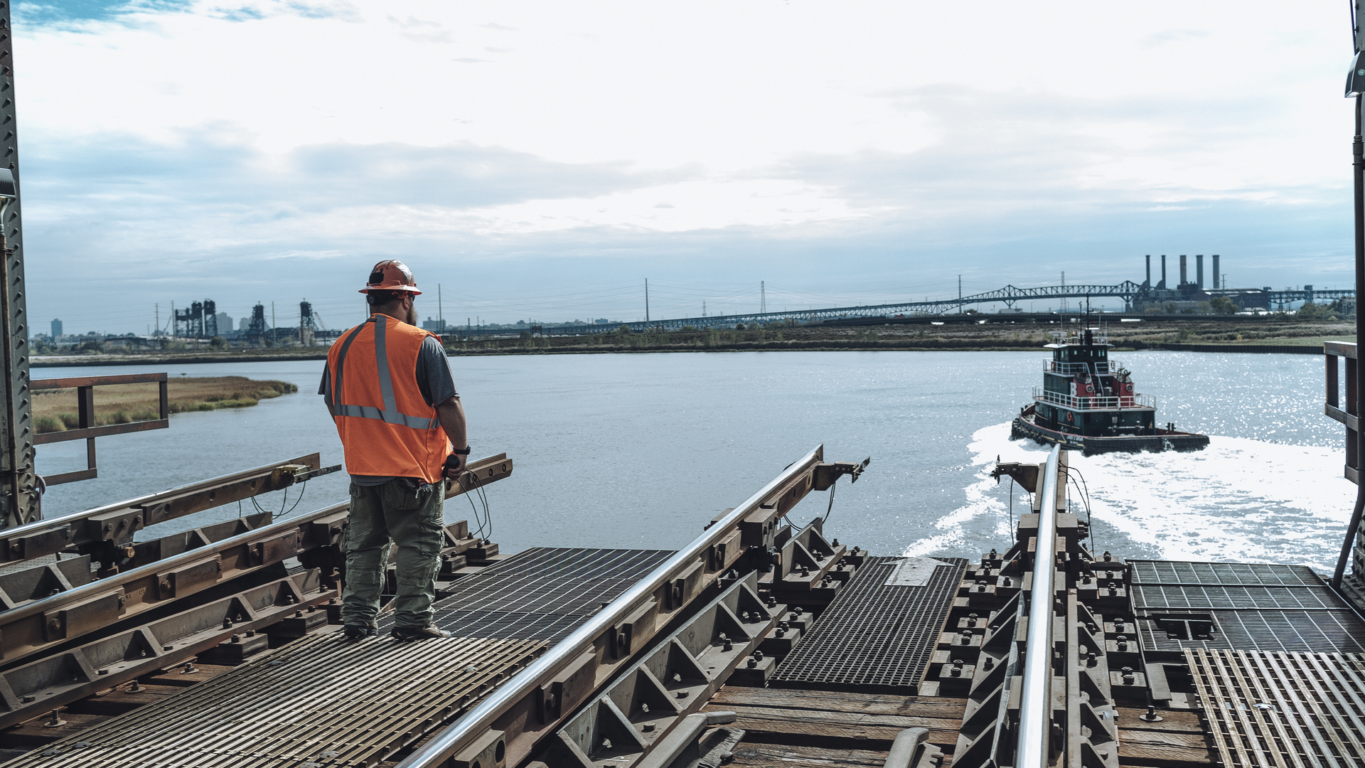 The Portal Bridge swings open to allow marine traffic to traverse the Hackensack River.