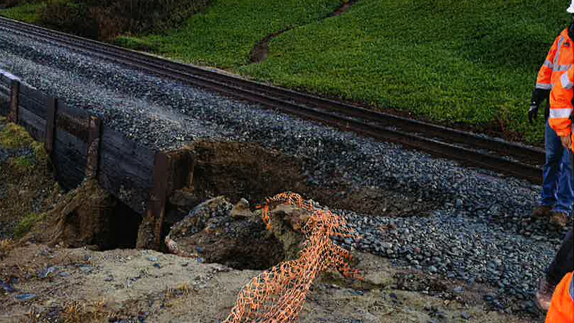 One of the most recent washouts experience on the main track at Del Mar Bluffs; this section of track has been repaired, but NCTD and SANDAG are requestings $100 million to further stabilize the track in this area.