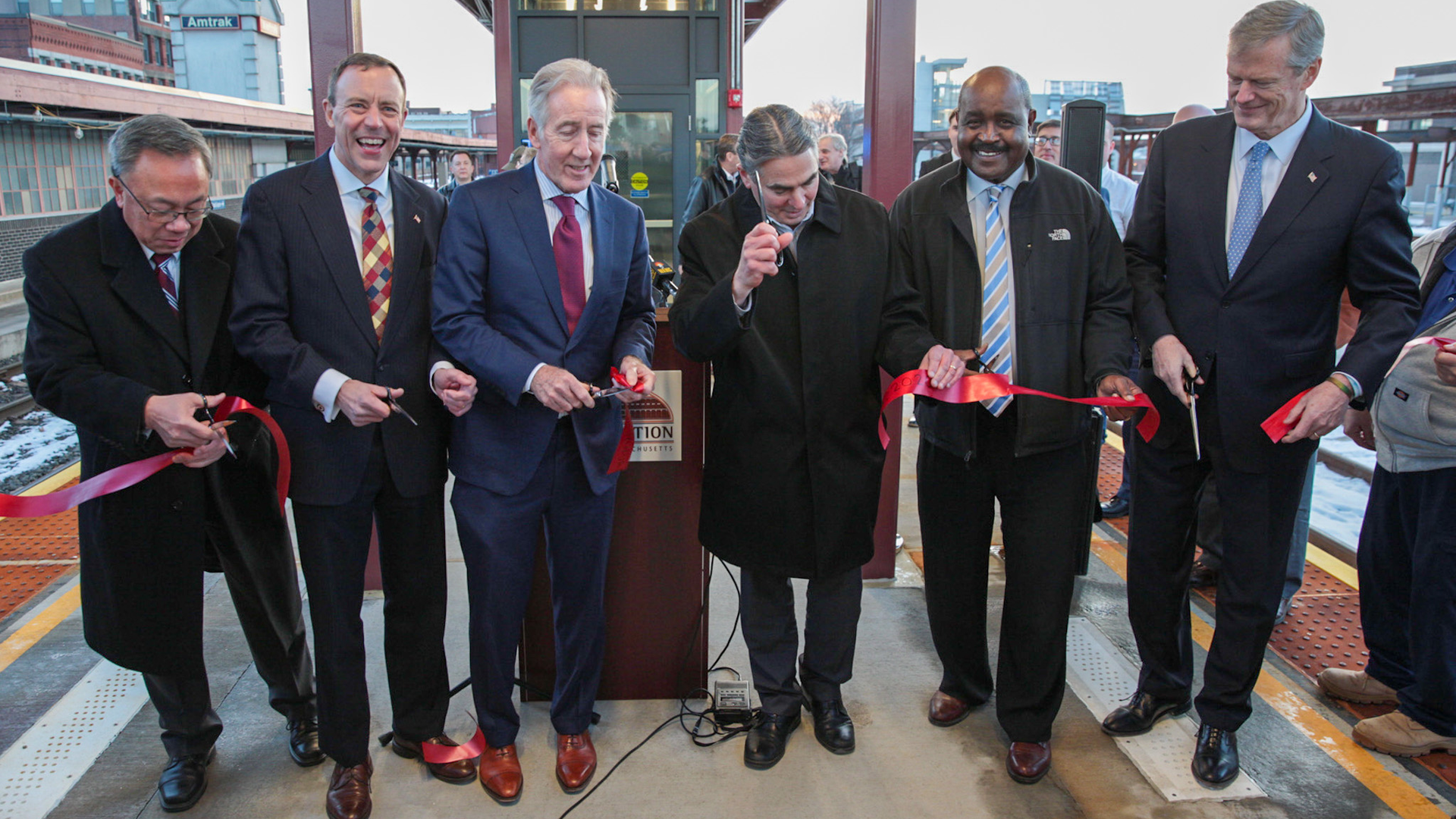 Officials cut the ribbon for a ceremonial opening of Platform C at Union Station in Springfield, Mass.