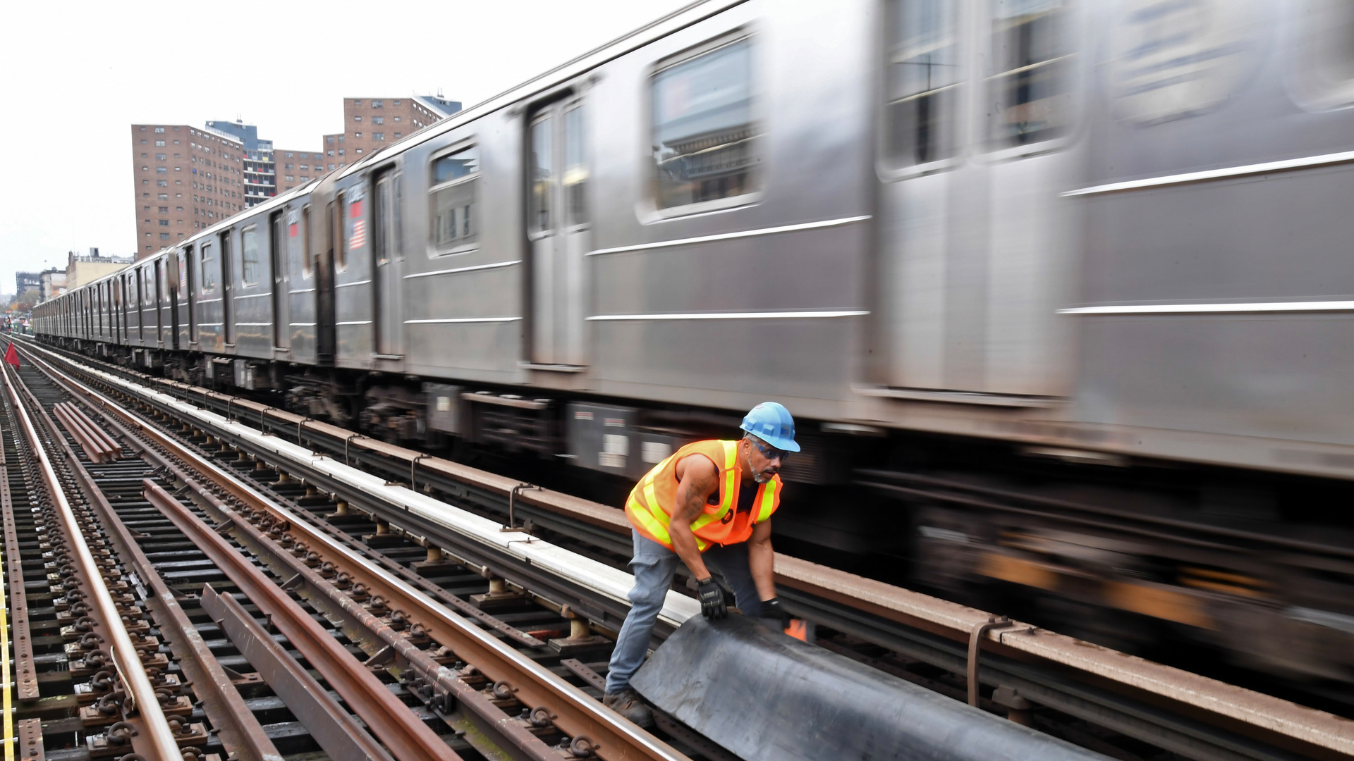 MTA New York City Transit crew performs a track inspection on the elevated Broadway 1 line near 125 St.