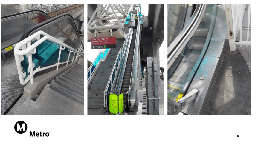 Staff installed pigeon abatement measures to help keep Redondo Beach Station escalators clean.
