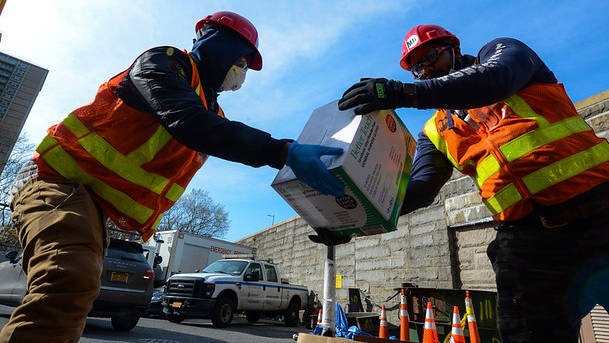 MTA New York City Transit Hydraulics personnel at the Sands Street facility receive deliveries of PPE including N95 masks, bleach, and hand sanitizer.