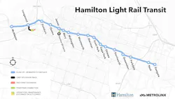 A map of the proposed Hamilton Light Rail project before it was cancelled by the province, which cited high costs associated with the project. A map of the proposed Hamilton Light Rail project before it was cancelled by the province, which cited high costs associated with the project.