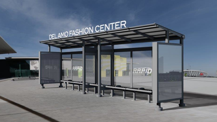 A rendering of a shelter for the RAPID's transit hub at Del Amo Fashion Center.
