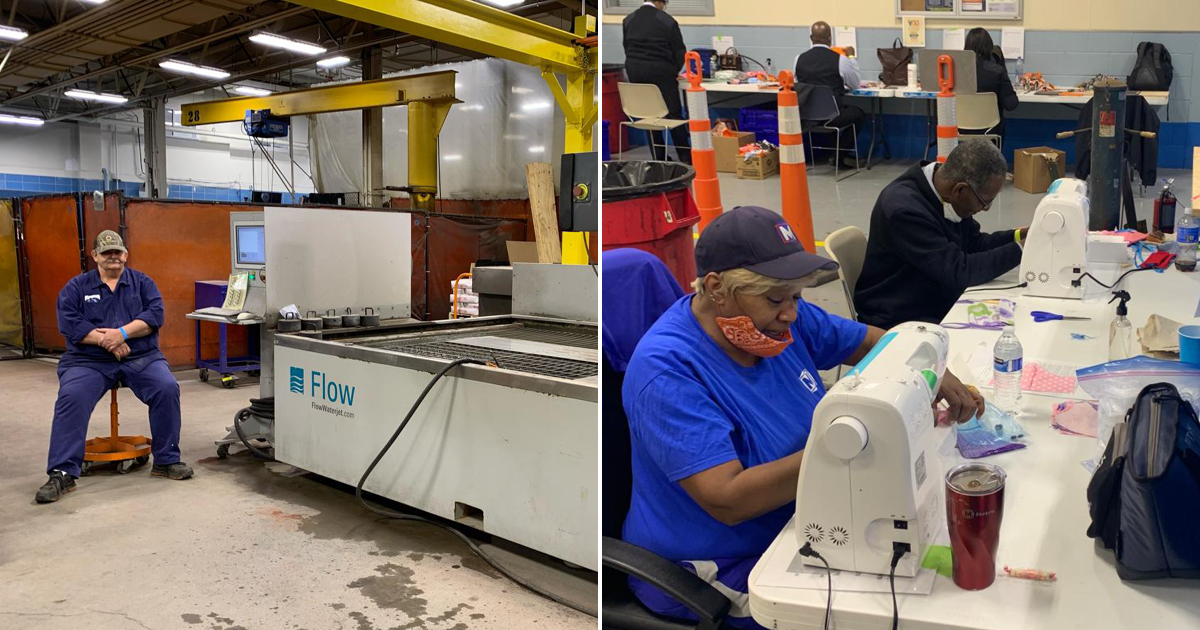 St. Louis Metro team members fabricate polycarbonate shields and sew face masks.