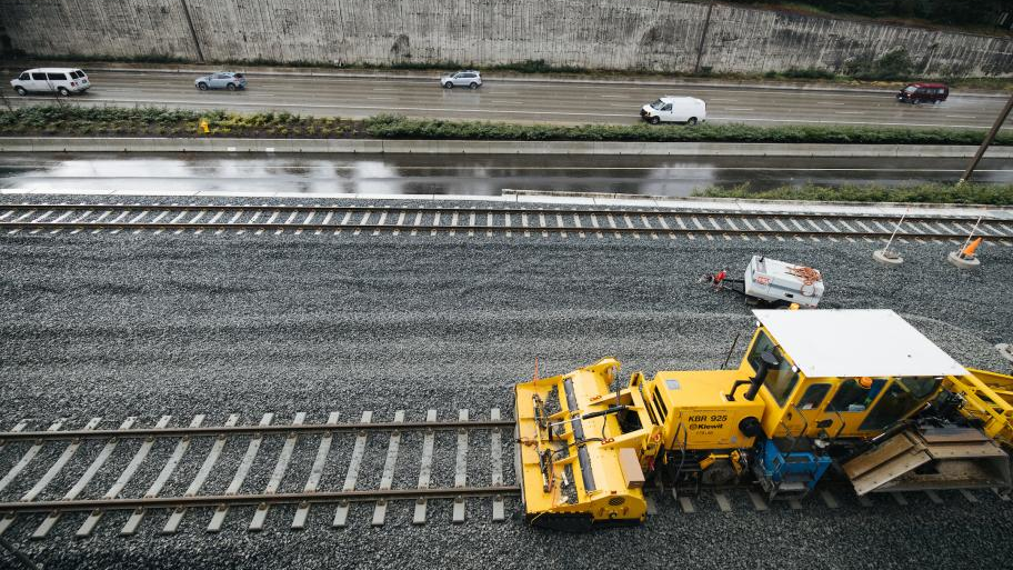 Maintenance-of-way equipment near Mercer Island Station on Sound Transit's East Link project.