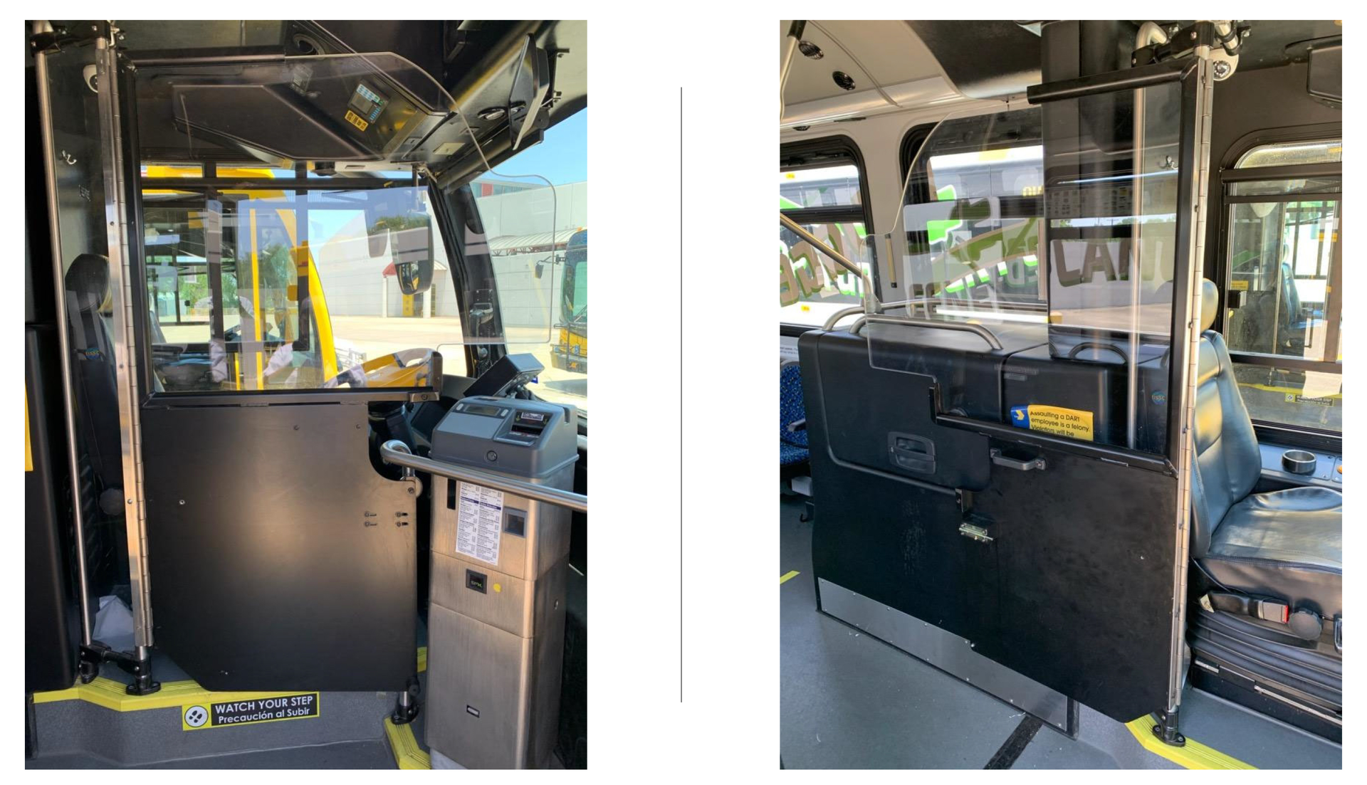 The CV-19 Plexiglass Shields are made of high-impact plexiglass and are being installed between the operator and passengers.