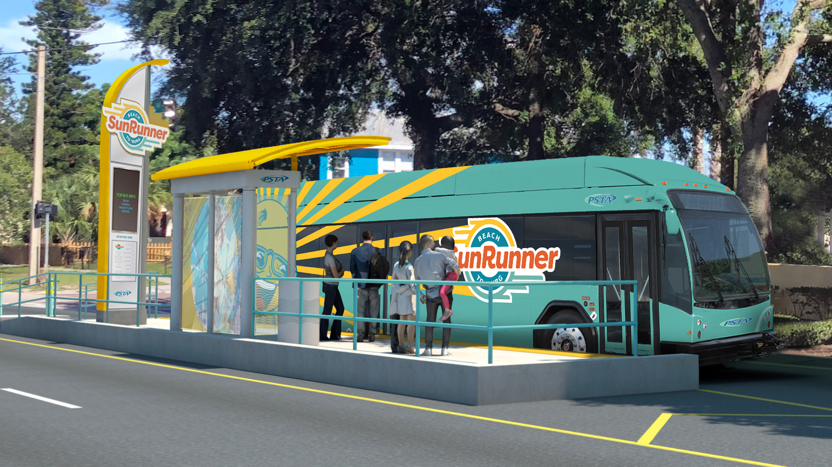 Rendering of SunRunner bus vehicle and bus stop.