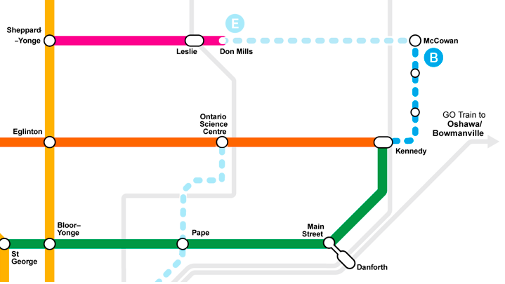 The bright blue dotted line maps out the three-top Scarborough Subway Extension.