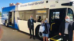 Tammy, center, was the first ETS customer to ride the battery-electric bus, which entered service Aug. 4. Tammy, center, was the first ETS customer to ride the battery-electric bus, which entered service Aug. 4.