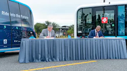 Left, FSCJ President Dr. John Avendano and JTA CEO Nathaniel P. Ford, Sr., sign an MOU that will expand JTA’s autonomous vehicle Test & Learn program on FSCJ’s Cecil Center Campus. Left, FSCJ President Dr. John Avendano and JTA CEO Nathaniel P. Ford, Sr., sign an MOU that will expand JTA’s autonomous vehicle Test & Learn program on FSCJ’s Cecil Center Campus.
