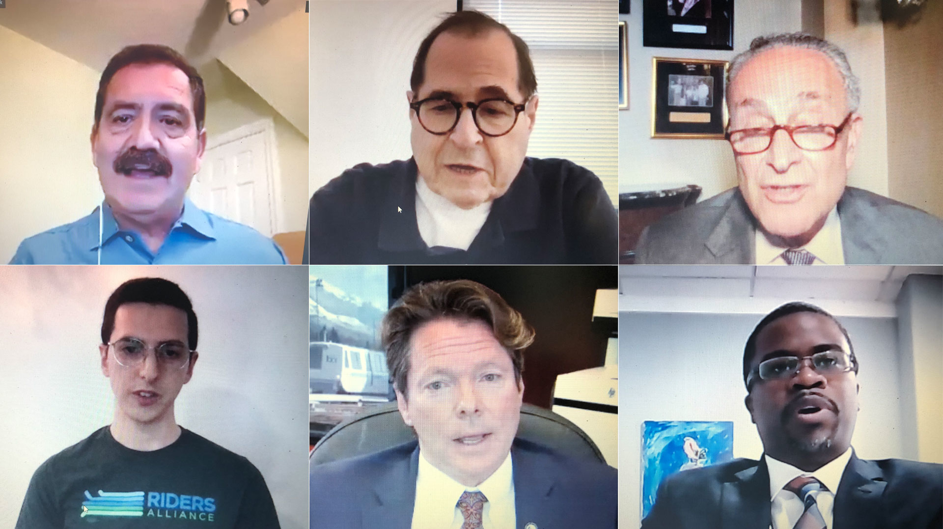 Several transit agency advocates including riders, union representatives, transit agency representatives and elected officials joined the Aug. 5 virtual rally to call on Congress to provide at least $32 billion to transit in the next COVID-19 relief bill. Starting top left, U.S. Rep. Jesus 'Chuy' Garcia, U.S. Rep. Jerry Nadler, Senate Minority Leader Charles Schumer, Riders Alliance Member Michell White, BART General Manager Bob Powers and Greater Cleveland RTA Interim CEO Dr. Floun'say Caver.