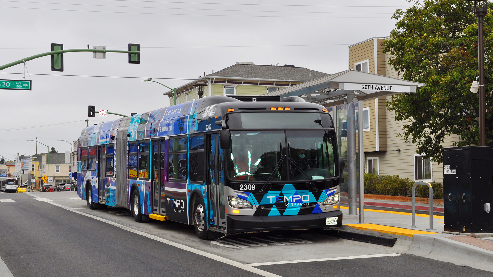An AC Transit Tempo bus at the 20th Avenue stop.