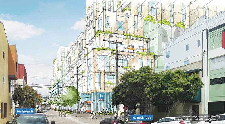 Pictured is a rendering of Mariposa Street after project completion, which includes a potential joint development above the bus facility.