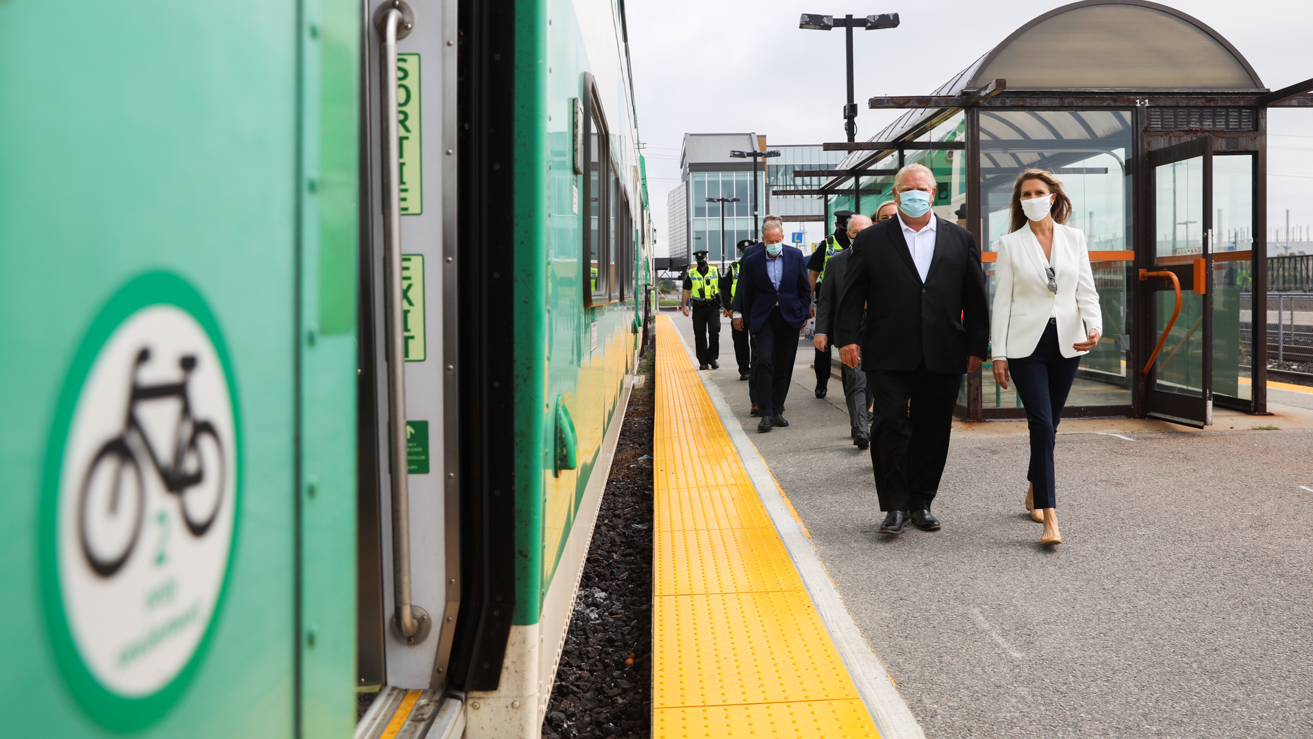 Ontario Premier Doug Ford with Ontario Minister of Transportation Caroline Mulroney at an event highlighting the measures taken by the province's transit operators to ensure passenger and employee safety as the province plans to progress reopening plans during the COVID-19 pandemic.