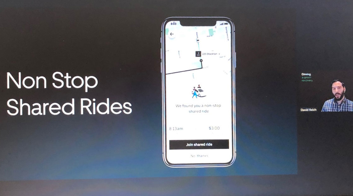 Uber Head of Transit David Reich discussing non stop shared rides, which is Uber's last in/first out rideshare option.