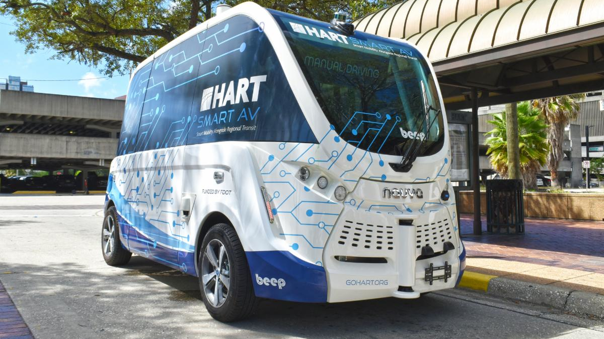 An AV shuttle that will operate as part of HART's year-long pilot program SMART AV in Tampa.