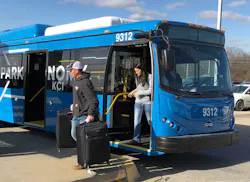Four BYD K7Ms, like the one shown here in operation at the Kansas City International Airport, were delivered to Go COMO, the transit agency of Columbia, Mo. Four BYD K7Ms, like the one shown here in operation at the Kansas City International Airport, were delivered to Go COMO, the transit agency of Columbia, Mo.