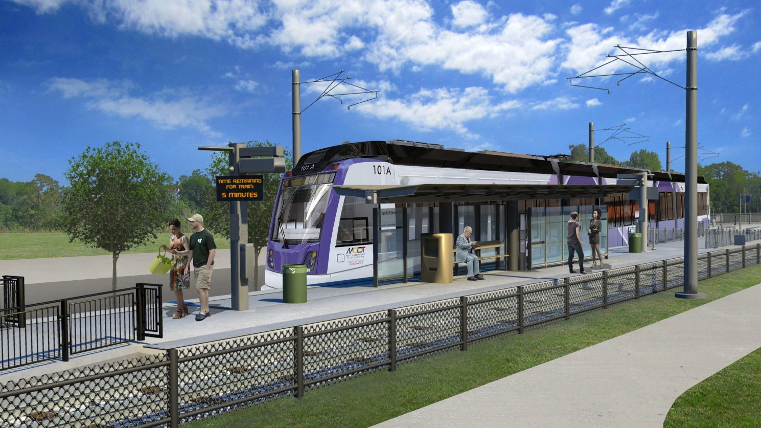 A rendering of a surface-level Purple Line station.