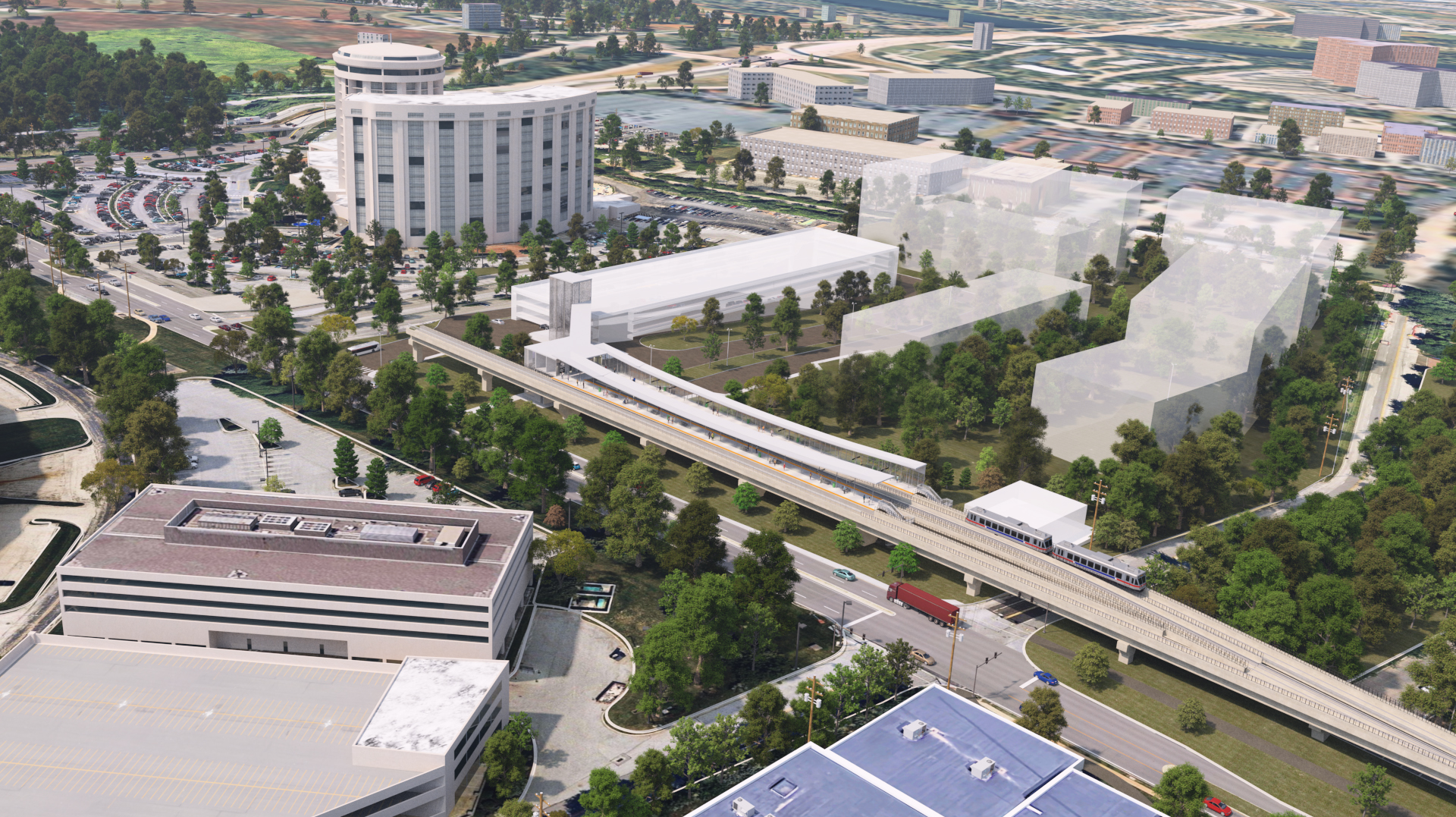 The First and Moore/Valley Forge Station rendering on the King of Prussia Rail's western terminal. The transparent white buildings to the right of the parking garage highlight an opportunity for transit-oriented development near the station.