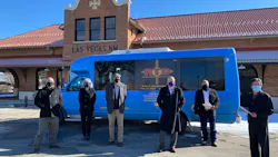 Pictured at the RTD Blue Bus stop in front of the Amtrak station in Las Vegas, N.M., are (left to right) Luna Community College Interim President Dr. Kenneth Patterson, Mora County Commissioner Veronica Serna, Las Vegas City Manager William Taylor, New Mexico Highlands University President Sam Minner, Las Vegas City Councilman Michael Montoya and NM Senator Pete Campos, 8th District. Pictured at the RTD Blue Bus stop in front of the Amtrak station in Las Vegas, N.M., are (left to right) Luna Community College Interim President Dr. Kenneth Patterson, Mora County Commissioner Veronica Serna, Las Vegas City Manager William Taylor, New Mexico Highlands University President Sam Minner, Las Vegas City Councilman Michael Montoya and NM Senator Pete Campos, 8th District.