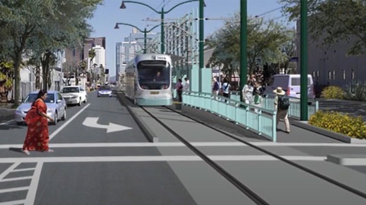 A rendering of the South Central Light Rail Extension project on Central Avenue in Phoenix, Ariz.