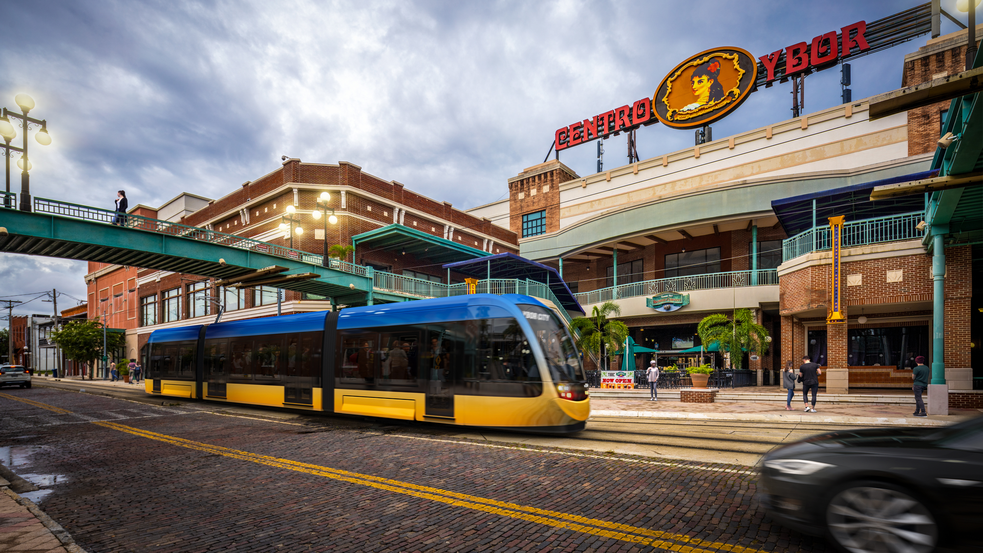 A rendering of a modern streetcar in Centro Ybor.