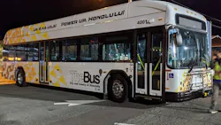 A new EV TheBus as seen on the dock of Honolulu; the vehicle is one of three that will soon enter service. A new EV TheBus as seen on the dock of Honolulu; the vehicle is one of three that will soon enter service.