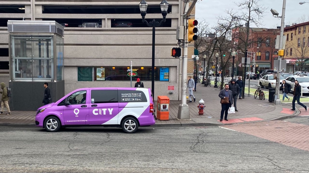 One of Via Jersey City's 24 Mercedes Metris vans used to provide on-demand transit to residents.