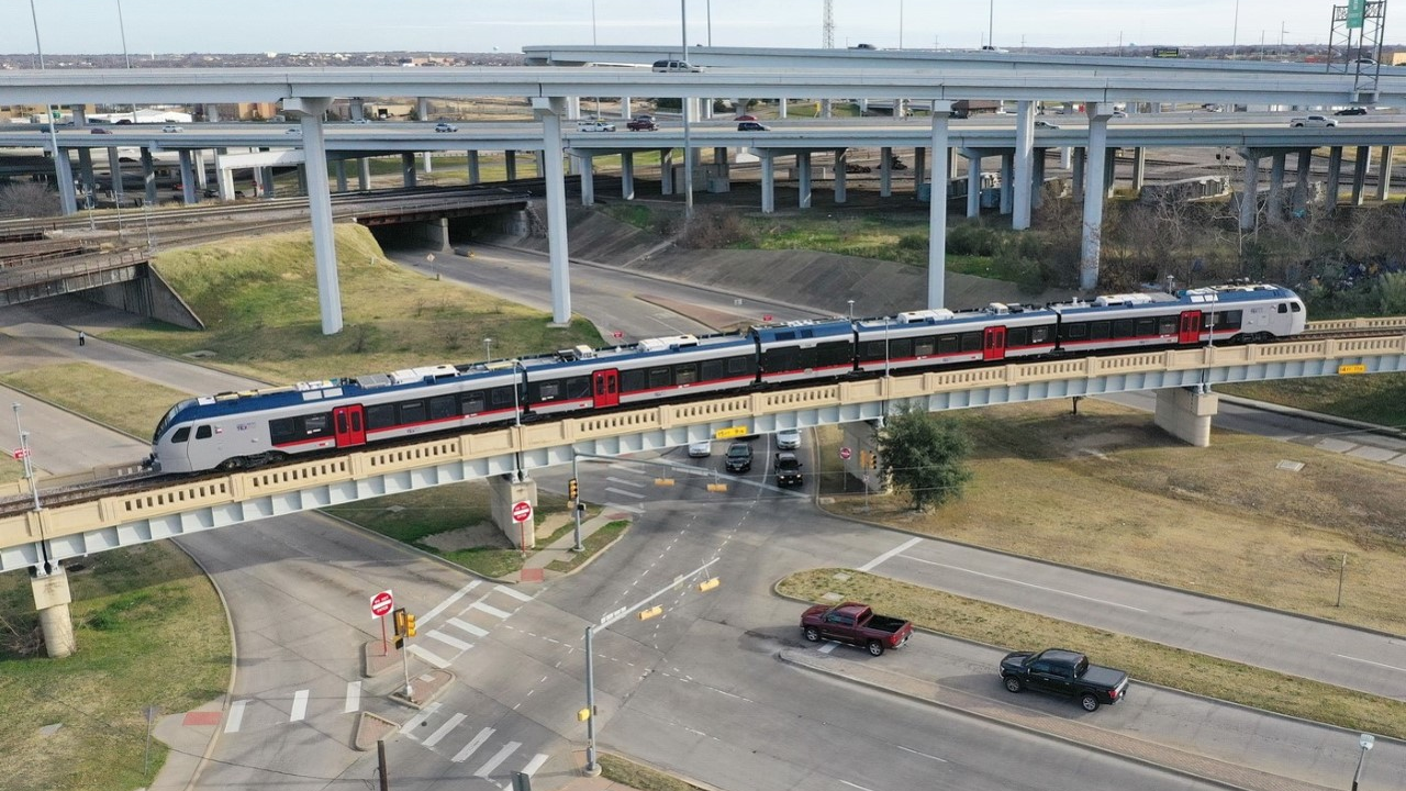 A TEXRail train on the Fort Worth bridge.