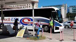 A Megabus coach at the carrier’s San Jacinto Boulevard stop at the Austin, TX prepares for its afternoon run to Houston in September 2020. A Megabus coach at the carrier’s San Jacinto Boulevard stop at the Austin, TX prepares for its afternoon run to Houston in September 2020.