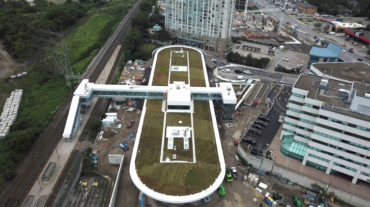 Aerial view of the Kipling Transit Hub footprint with green roof installed on the bus terminal and pedestrian bridge crossing over the tracks to the GO train platform.