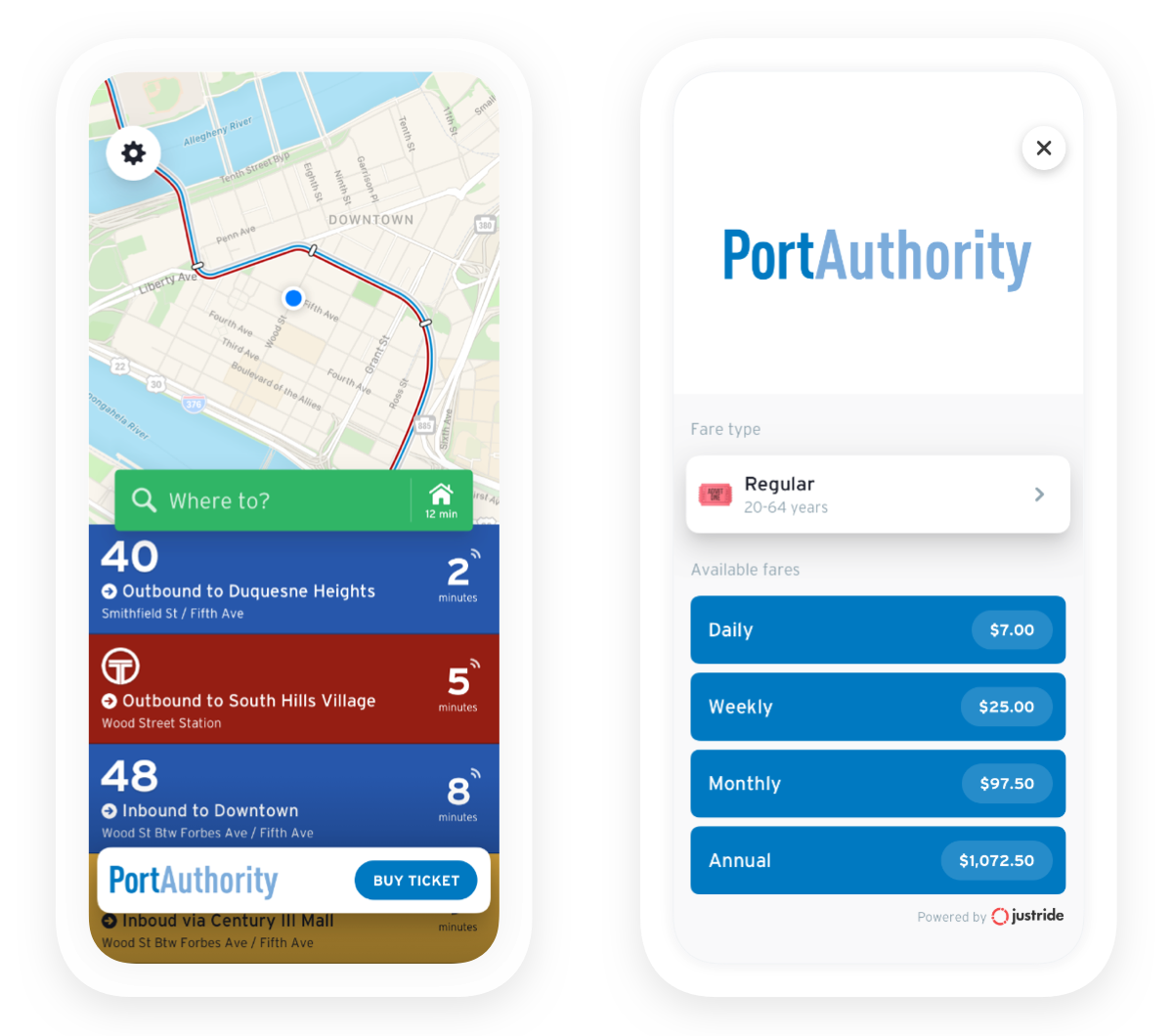 Screen shots of the mobile ticketing and route planning capabilities within the Transit app that is part of the Port Authority of Allegheny County's Ready2Ride three-month pilot project.