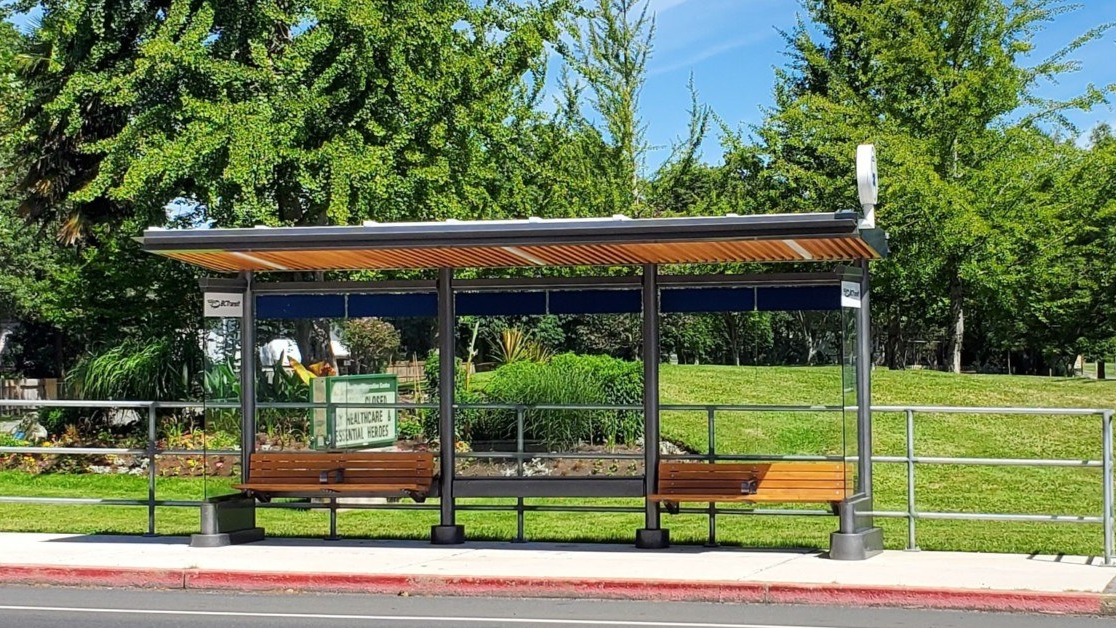 An example of a standardized BC Transit bus shelter.
