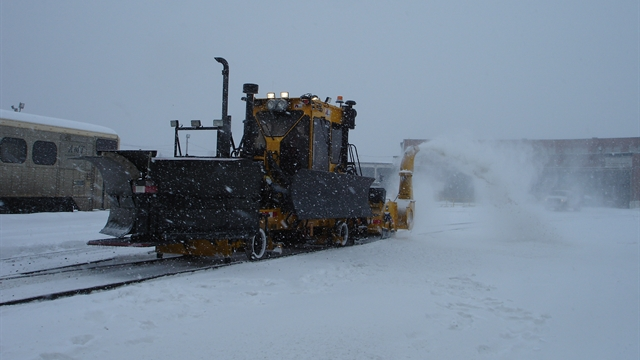 A Nordco M7 Snowfighter, doing what its name claims, clearing snow in Montreal.