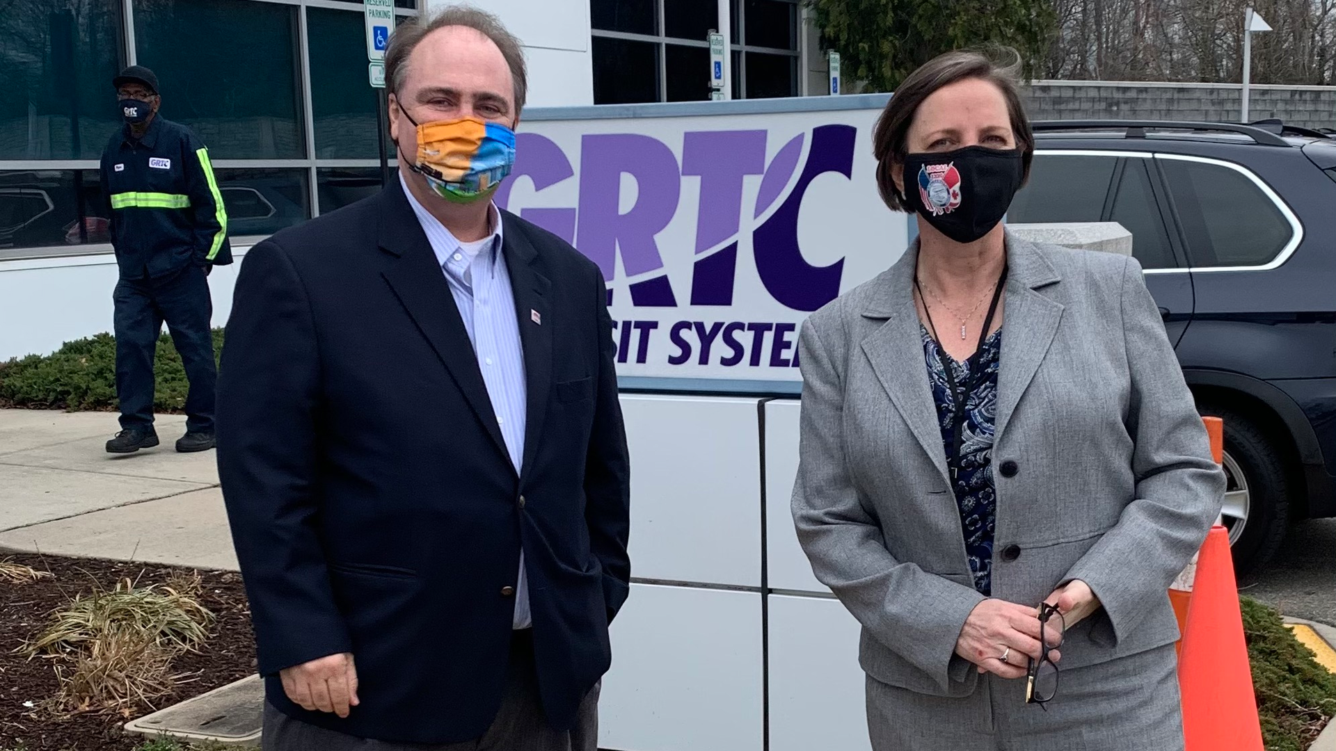 GRTC CEO Julie Timm greets Paul Comfort at their Richmond facility. Paul and his colleague KJ Reynolds were the first outside visitors to the building in a year.