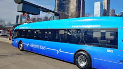 One of CTA's electric buses charging at the Navy Pier bus turnaround. One of CTA's electric buses charging at the Navy Pier bus turnaround.