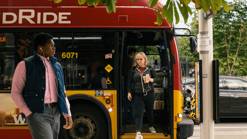 A pre-COVID-19 pandemic image of the Seattle area's RapidRide bus service.