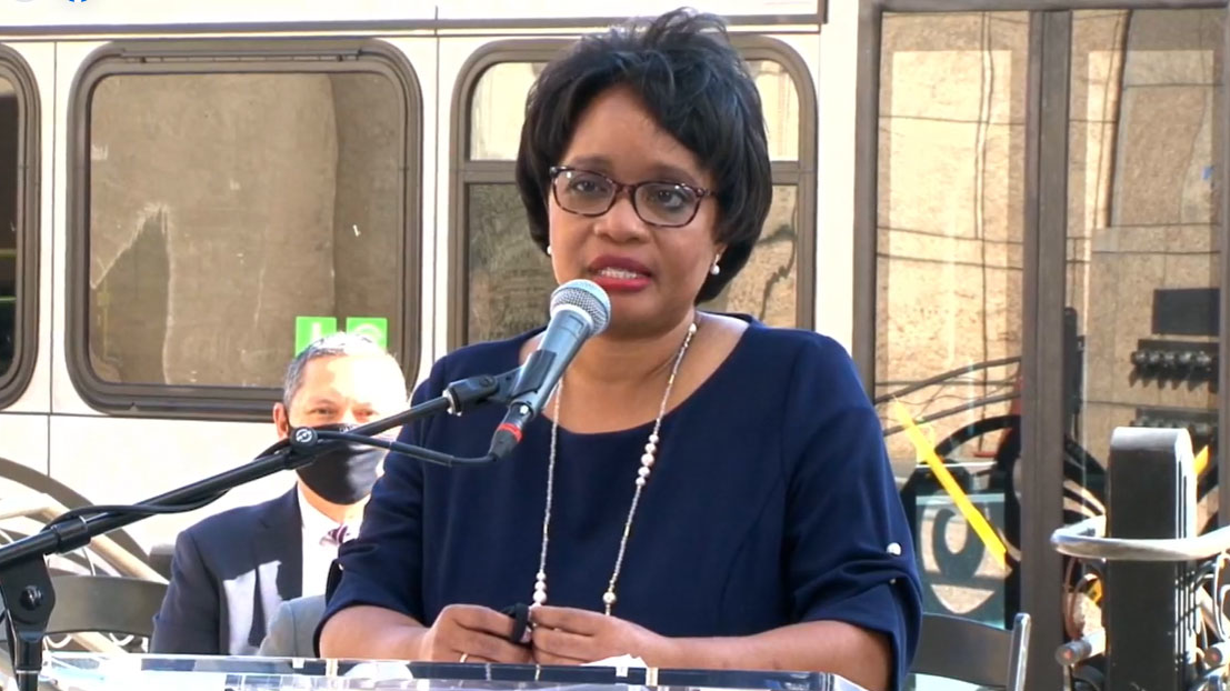 Stephanie Wiggins speaks during a press conference where she was named incoming CEO of L.A. Metro on April 8.