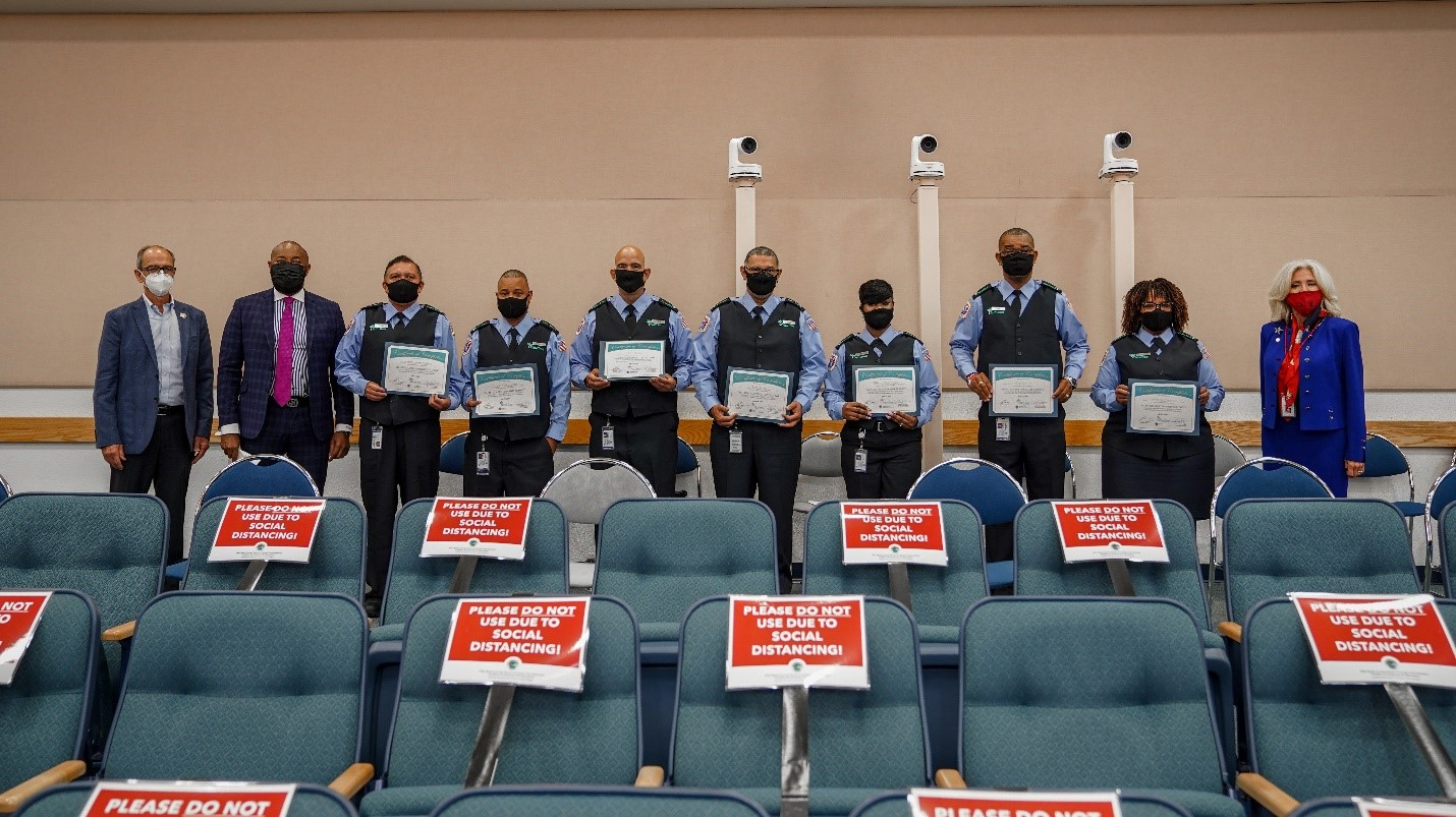 The April 2021 bus operator graduates stand alongside Palm Beach County Commissioner Maria Sachs, ATU Local 1577 President Dwight Mattingly and Palm Tran Executive Director Clinton B. Forbes.