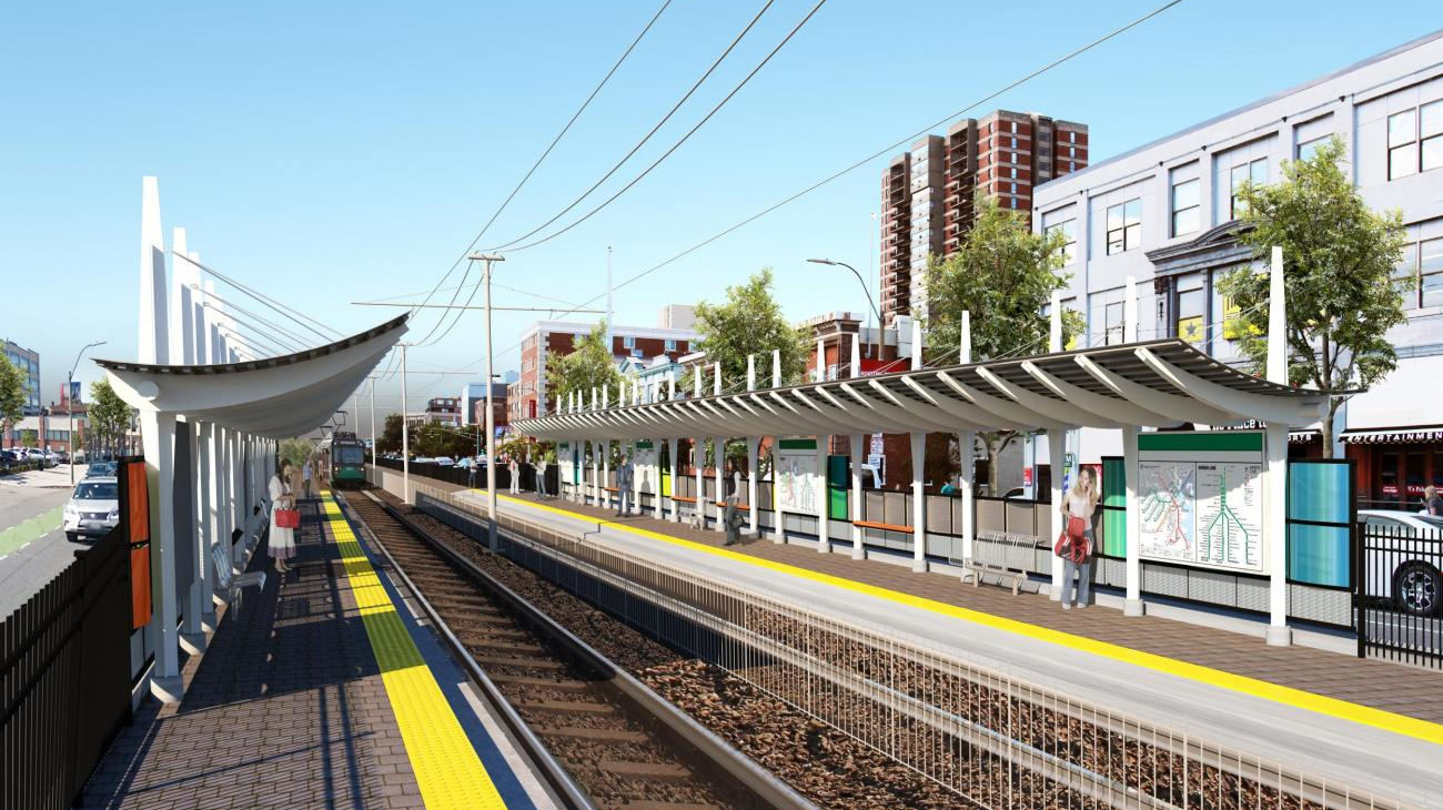 Rendering of the proposed station between Harry Agganis Way and Babcock St, with a view of the platform.