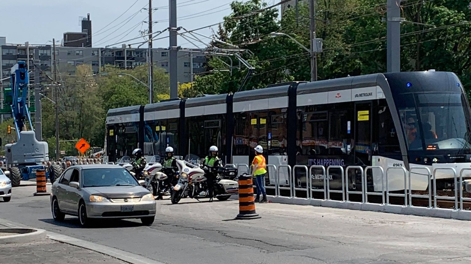 A look at one of the first Crosstown LRVs making it&rsquo;s way east near Victoria Park Avenue in Toronto.