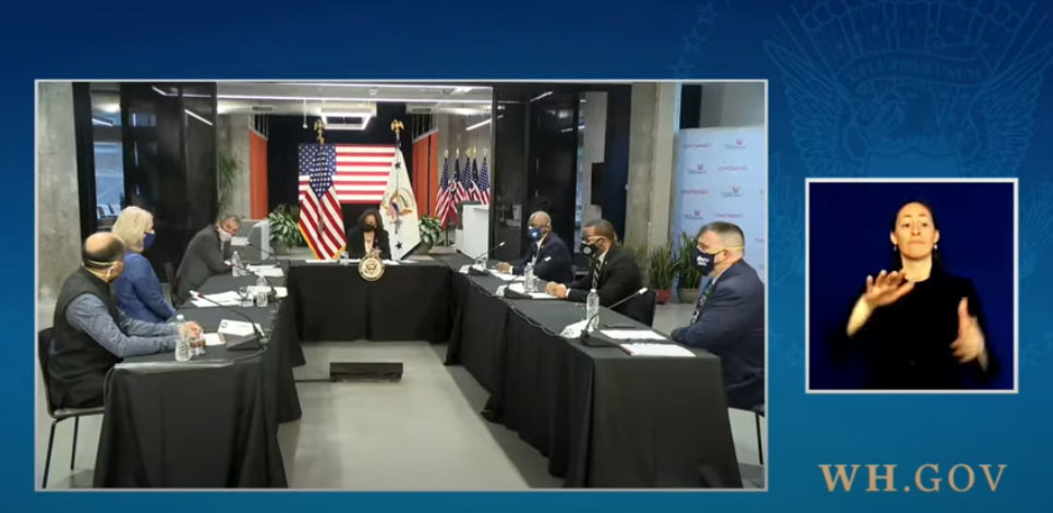 Vice President Harris, center, at a roundtable discussion on public transit held on April 30 in Cincinnati, Ohio.