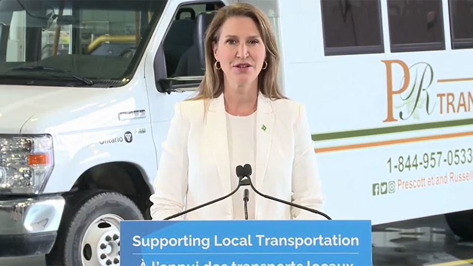 Ontario Minister of Transportation Caroline Mulroney speaks at an event in Prescott and Russell United Counties in Ontario to announce an additional C$14 million in funding for transportation in small and rural communities.