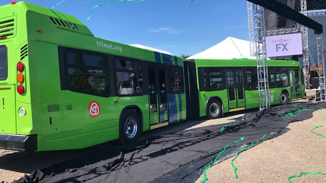 TriMet unveils the 60-foot articulated buses that will serve the Division Transit Project.