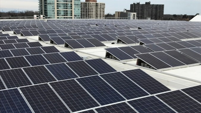 A photo of the solar panels on one of the four GO Stations where they are installed on the roof.