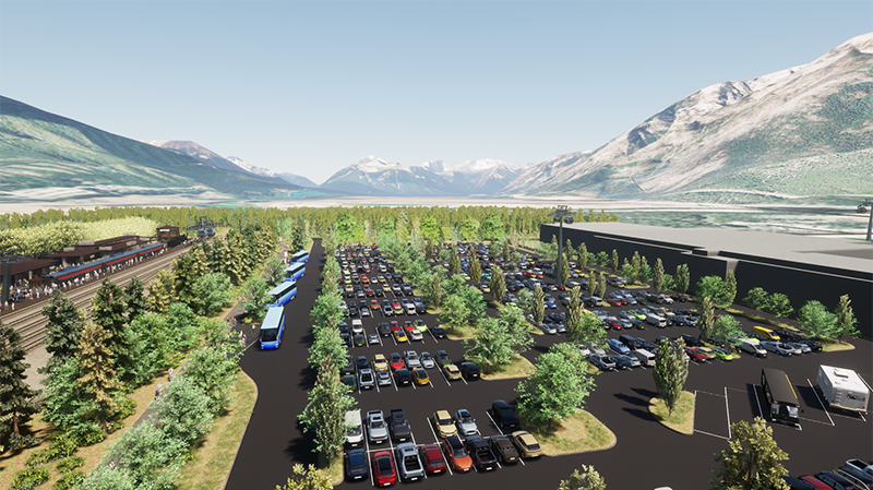 Rendering of potential North Arrival Lot and Shuttle Center: Liricon envisions a transit hub at Banff National Park where visitors can arrive via shuttles, trains, buses or personal vehicles.