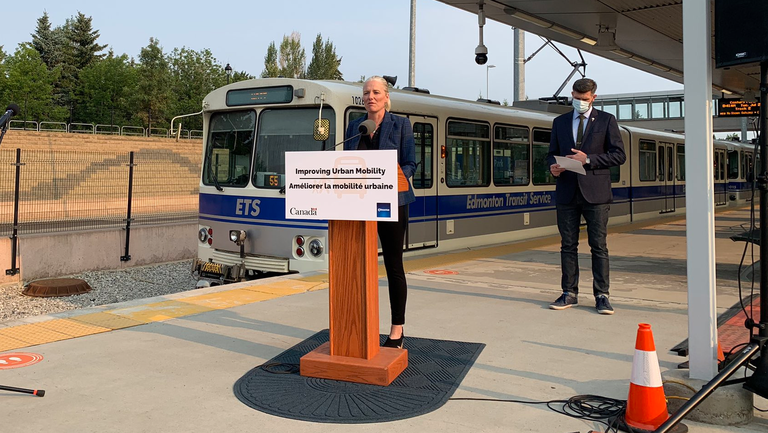 Canada's Minister of Infrastructure and Communities Catherine McKenna with Edmonton Mayor Don Iveson at an event announcing the federal government will provide up to C$394.24 million to Phase 1 of the Capital Line South Extension.