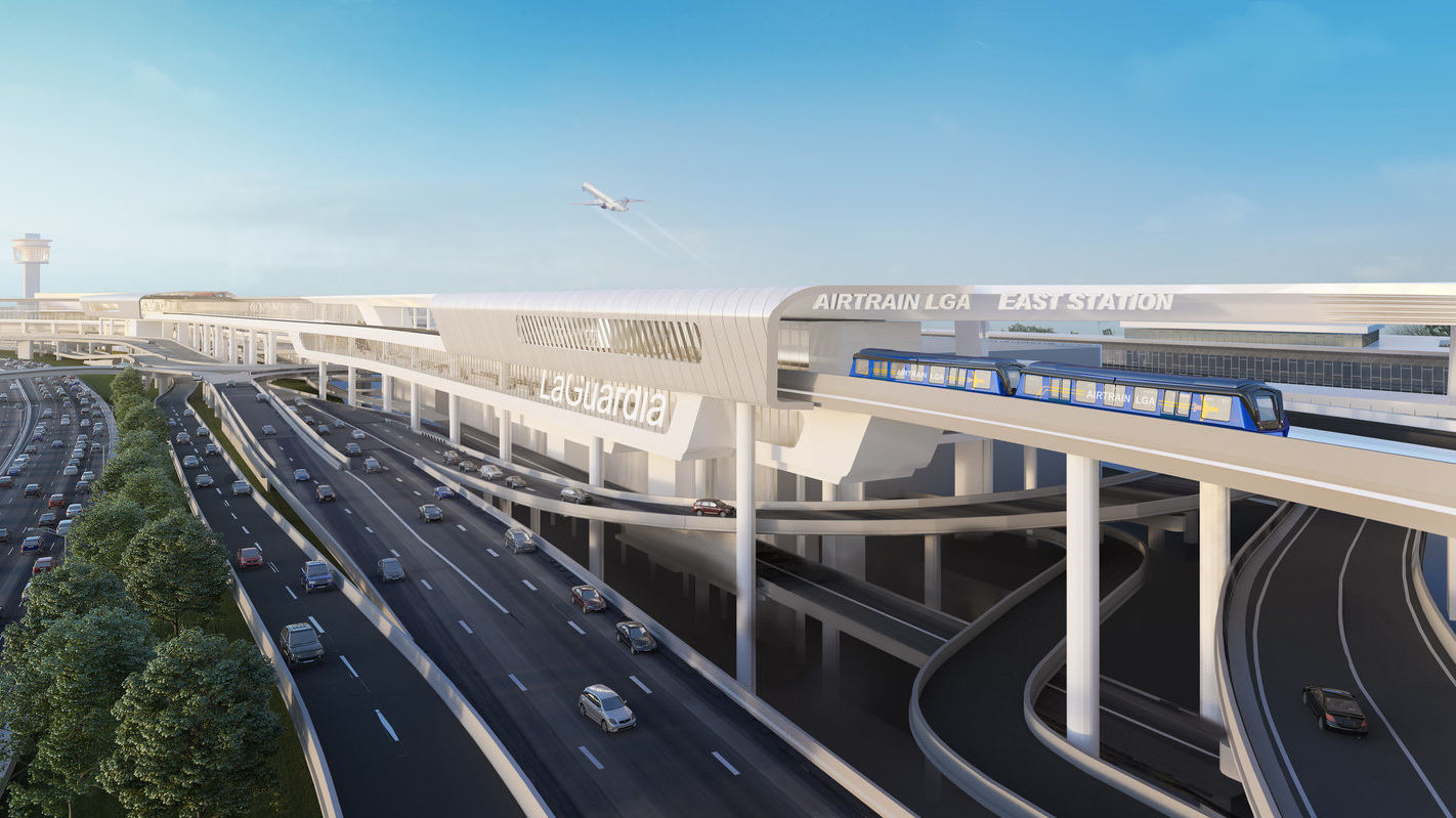 A rendering of AirTrain approaching LaGuardia Airport's East Station.
